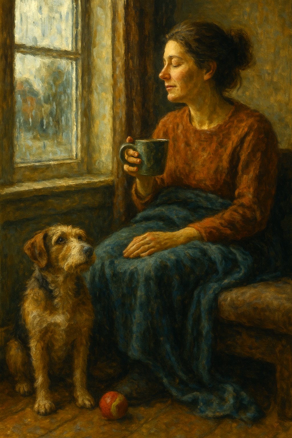 Woman with mug by rainy window, sharing a blanket with her dog—warm domestic moment of pet parenthood in oil painting.