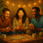 Oil painting of three friends laughing around a board game and cards in a warm living room with string lights, illustrating how play builds joy, connection, and shared values.