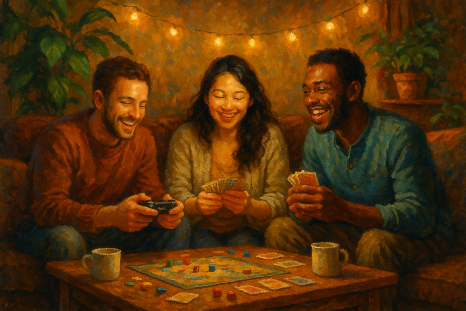 Oil painting of three friends laughing around a board game and cards in a warm living room with string lights, illustrating how play builds joy, connection, and shared values.