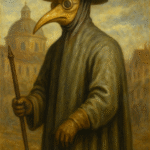 Oil painting of a 17th-century plague doctor wearing a beaked mask and leather gown, illuminated by golden light on a misty Venetian street, symbolizing the history and gothic legacy of plague masks.