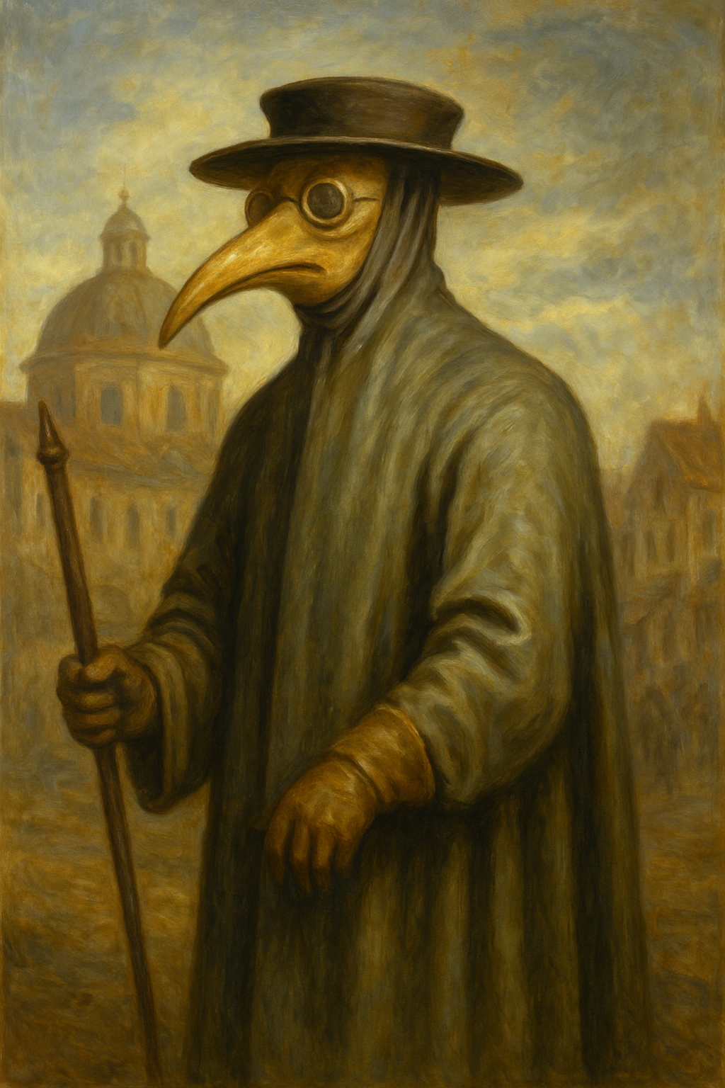 Oil painting of a 17th-century plague doctor wearing a beaked mask and leather gown, illuminated by golden light on a misty Venetian street, symbolizing the history and gothic legacy of plague masks.