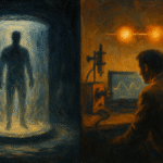 Oil painting diptych comparing sci-fi body teleportation with real quantum teleportation: left, a cinematic beaming chamber; right, a quantum lab showing entangled photons, a Bell-state measurement, and a classical signal line.