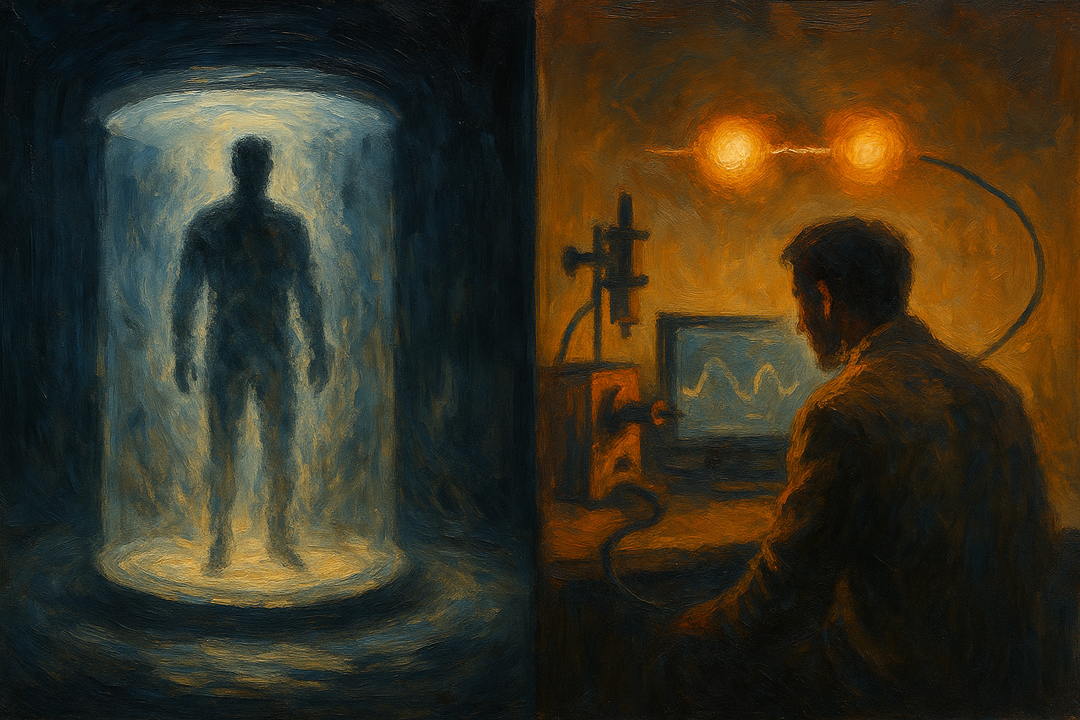 Oil painting diptych comparing sci-fi body teleportation with real quantum teleportation: left, a cinematic beaming chamber; right, a quantum lab showing entangled photons, a Bell-state measurement, and a classical signal line.