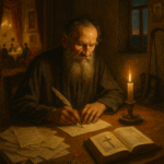 Oil painting of Tolstoy alone by lamplight with manuscripts and a cross-road sign, symbolizing his spiritual crisis and turn to ethical, ascetic writing.