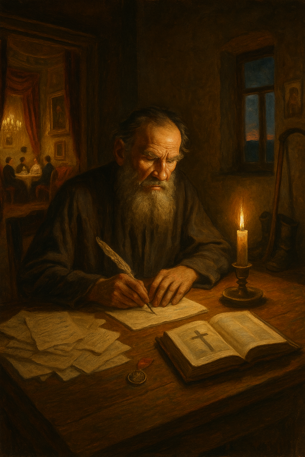 Oil painting of Tolstoy alone by lamplight with manuscripts and a cross-road sign, symbolizing his spiritual crisis and turn to ethical, ascetic writing.