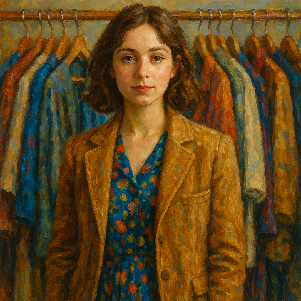 Oil painting of a young woman in a vintage floral dress and tailored blazer standing confidently in front of a rack of colorful thrifted garments, expressing vintage as identity.