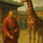 Oil painting of a Ming court official in a red robe calmly facing a giraffe in a palace courtyard, evoking the 1414 “qilin” presentation to the Yongle Emperor.