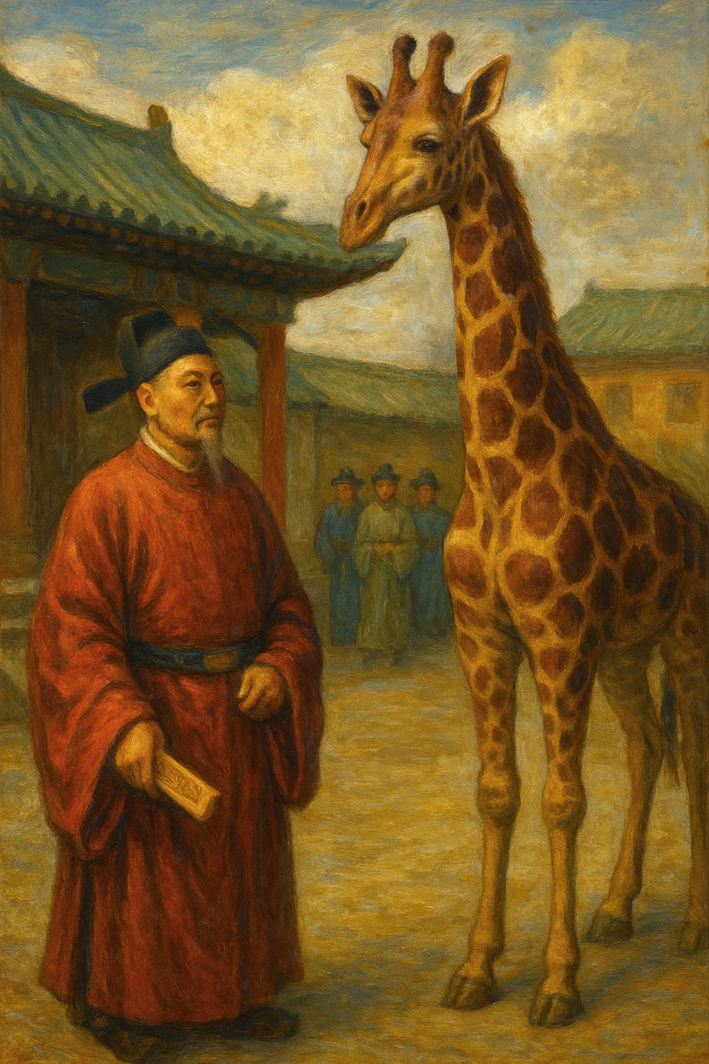 Oil painting of a Ming court official in a red robe calmly facing a giraffe in a palace courtyard, evoking the 1414 “qilin” presentation to the Yongle Emperor.