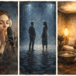 Oil-painted triptych showing an ASMR artist whispering into a microphone, two figures standing in a Rain Room installation, and a woman meditating in a warm wellness space, illustrating calming sensory environments.