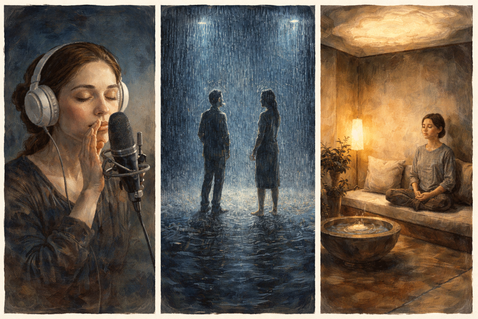 Oil-painted triptych showing an ASMR artist whispering into a microphone, two figures standing in a Rain Room installation, and a woman meditating in a warm wellness space, illustrating calming sensory environments.