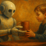 Oil painting of a collaborative robot with soft hands gently handing a mug to a child, symbolizing humane robotic touch and human–machine interaction.
