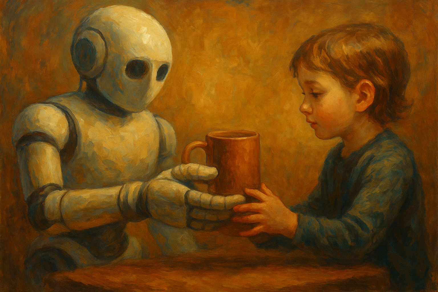 Oil painting of a collaborative robot with soft hands gently handing a mug to a child, symbolizing humane robotic touch and human–machine interaction.