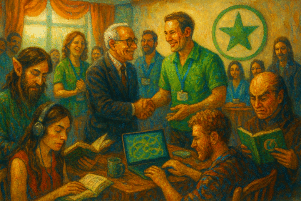 Oil painting of an Esperanto and conlang conference where an elder in a suit shakes hands with a green-badge organizer; people read, code, and listen under a green-star emblem.