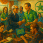 Oil painting of an Esperanto and conlang conference where an elder in a suit shakes hands with a green-badge organizer; people read, code, and listen under a green-star emblem.