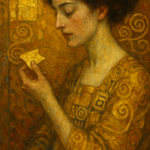 Oil painting inspired by Gustav Klimt showing a woman holding a piece of gold leaf against a swirling golden background, symbolizing Klimt’s ritualistic use of gilding.