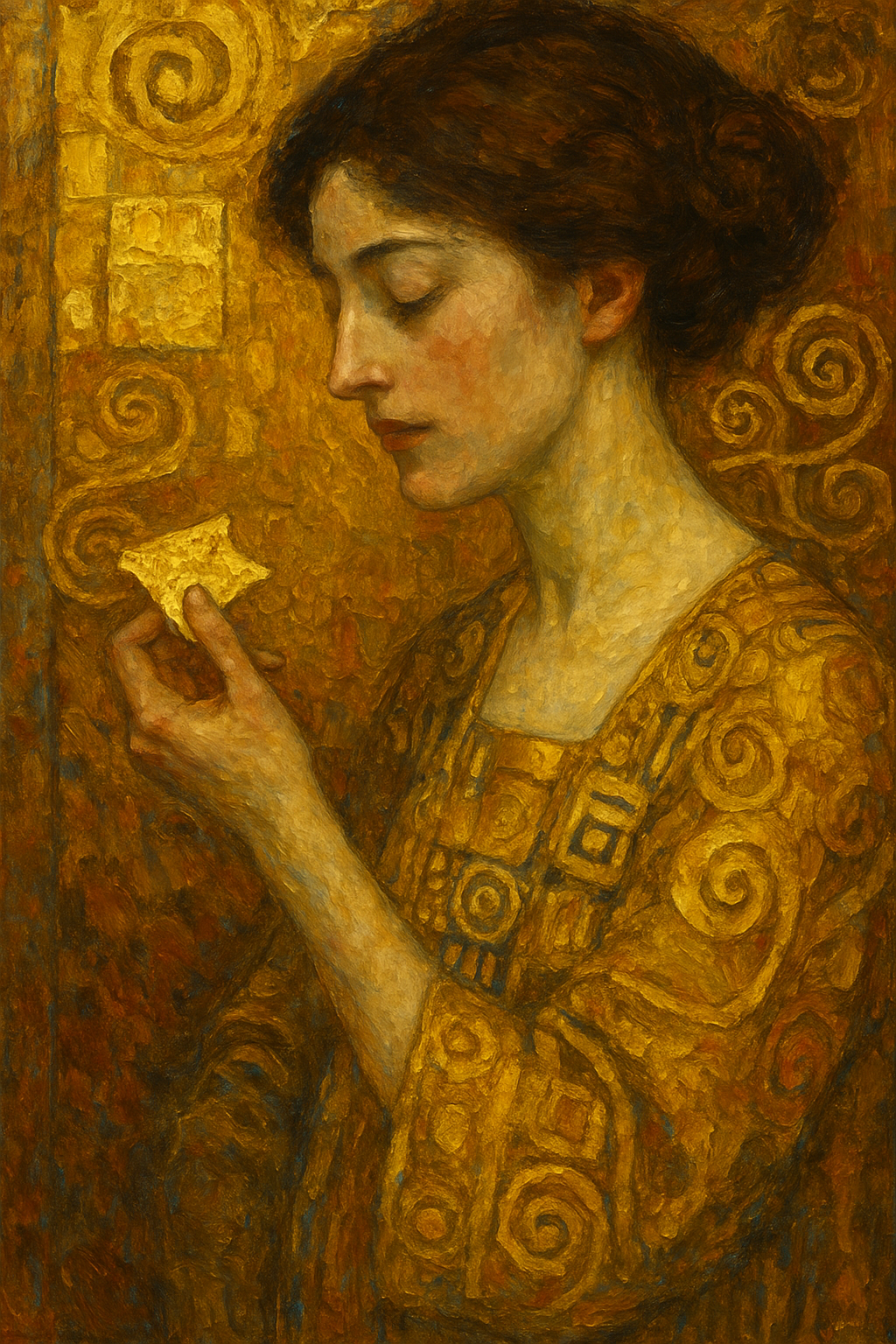 Oil painting inspired by Gustav Klimt showing a woman holding a piece of gold leaf against a swirling golden background, symbolizing Klimt’s ritualistic use of gilding.
