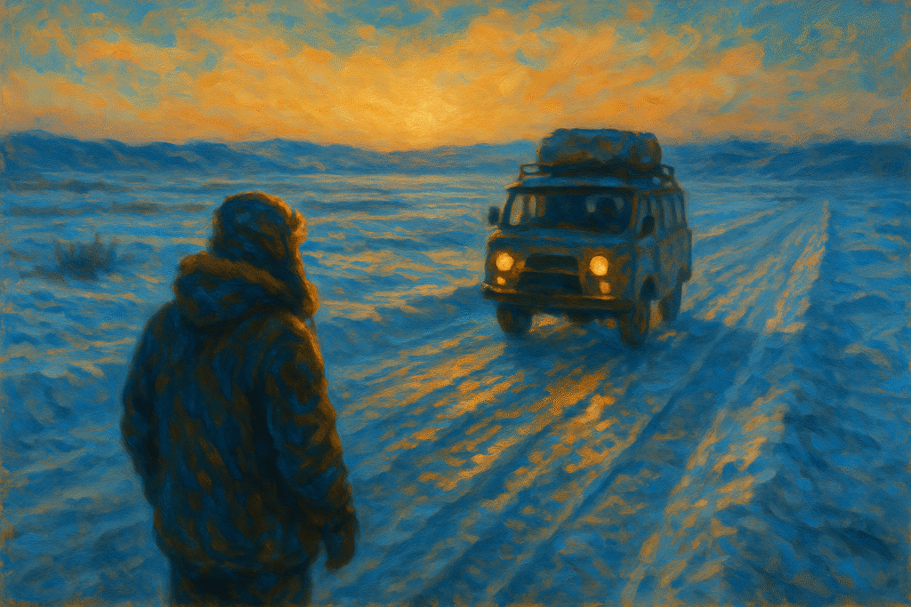 Oil painting of a lone traveler in a parka watching an off-road van with headlights drive along a frozen, snow-covered road at dusk under an orange sky.