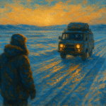 Oil painting of a lone traveler in a parka watching an off-road van with headlights drive along a frozen, snow-covered road at dusk under an orange sky.