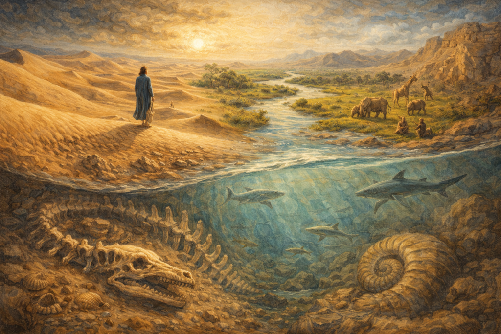 Oil painting showing the Sahara Desert layered with ancient rivers, prehistoric seas, marine fossils, and early humans, illustrating how the Sahara was once a sea and a green landscape.
