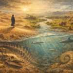 Oil painting showing the Sahara Desert layered with ancient rivers, prehistoric seas, marine fossils, and early humans, illustrating how the Sahara was once a sea and a green landscape.