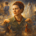 Oil painting of Simone de Beauvoir holding puppet strings attached to two female figures, symbolizing becoming woman, social conditioning, and existential freedom.