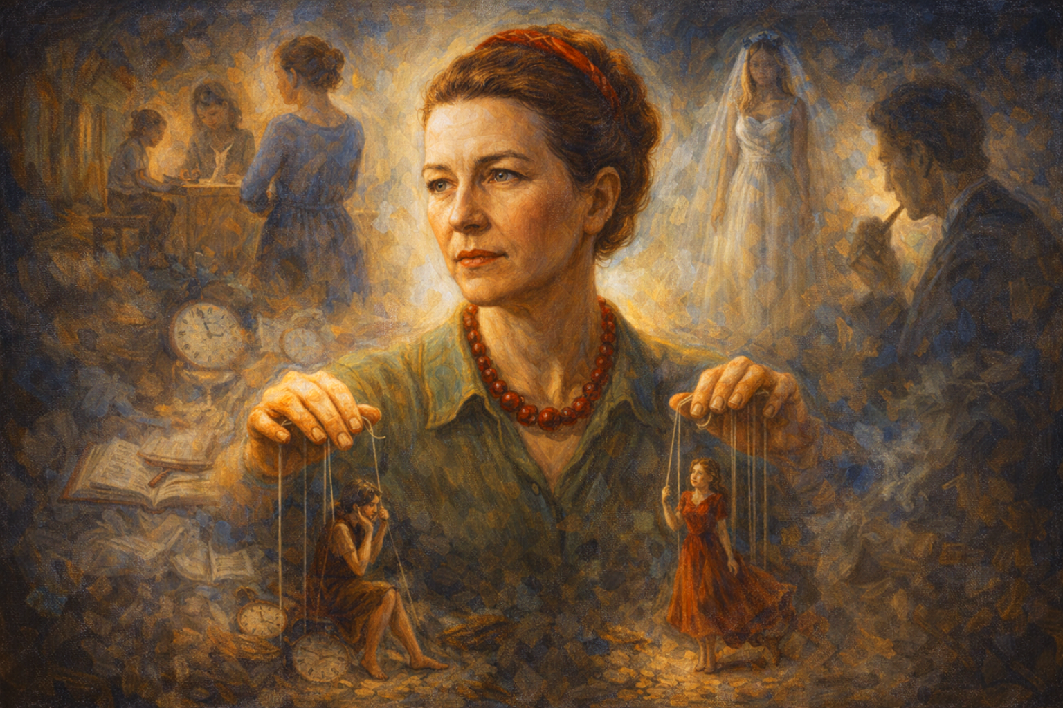 Oil painting of Simone de Beauvoir holding puppet strings attached to two female figures, symbolizing becoming woman, social conditioning, and existential freedom.