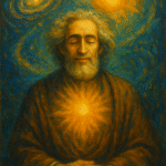 Oil painting of a serene elderly philosopher with closed eyes and a radiant heart, surrounded by swirling cosmic spirals—visualizing Spinoza’s cosmic joy and intellectual love of God.