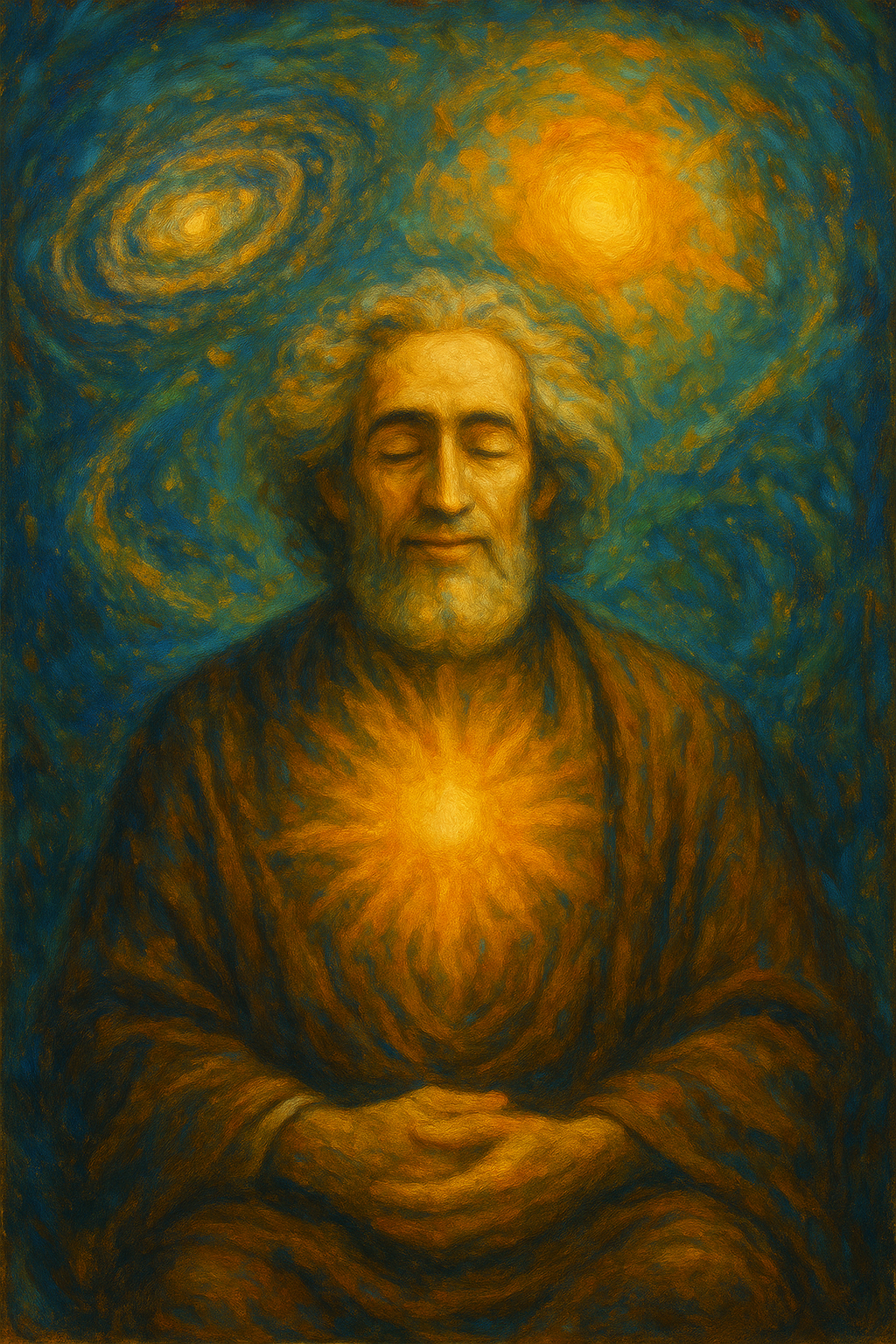 Oil painting of a serene elderly philosopher with closed eyes and a radiant heart, surrounded by swirling cosmic spirals—visualizing Spinoza’s cosmic joy and intellectual love of God.