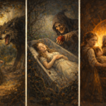 oil painting triptych depicting dark fairy tales: Little Red Riding Hood confronting the wolf, Sleeping Beauty in a glass coffin with a looming witch, and Hansel and Gretel facing a fiery witch, symbolizing the psychological depth of brutal fairy tales.