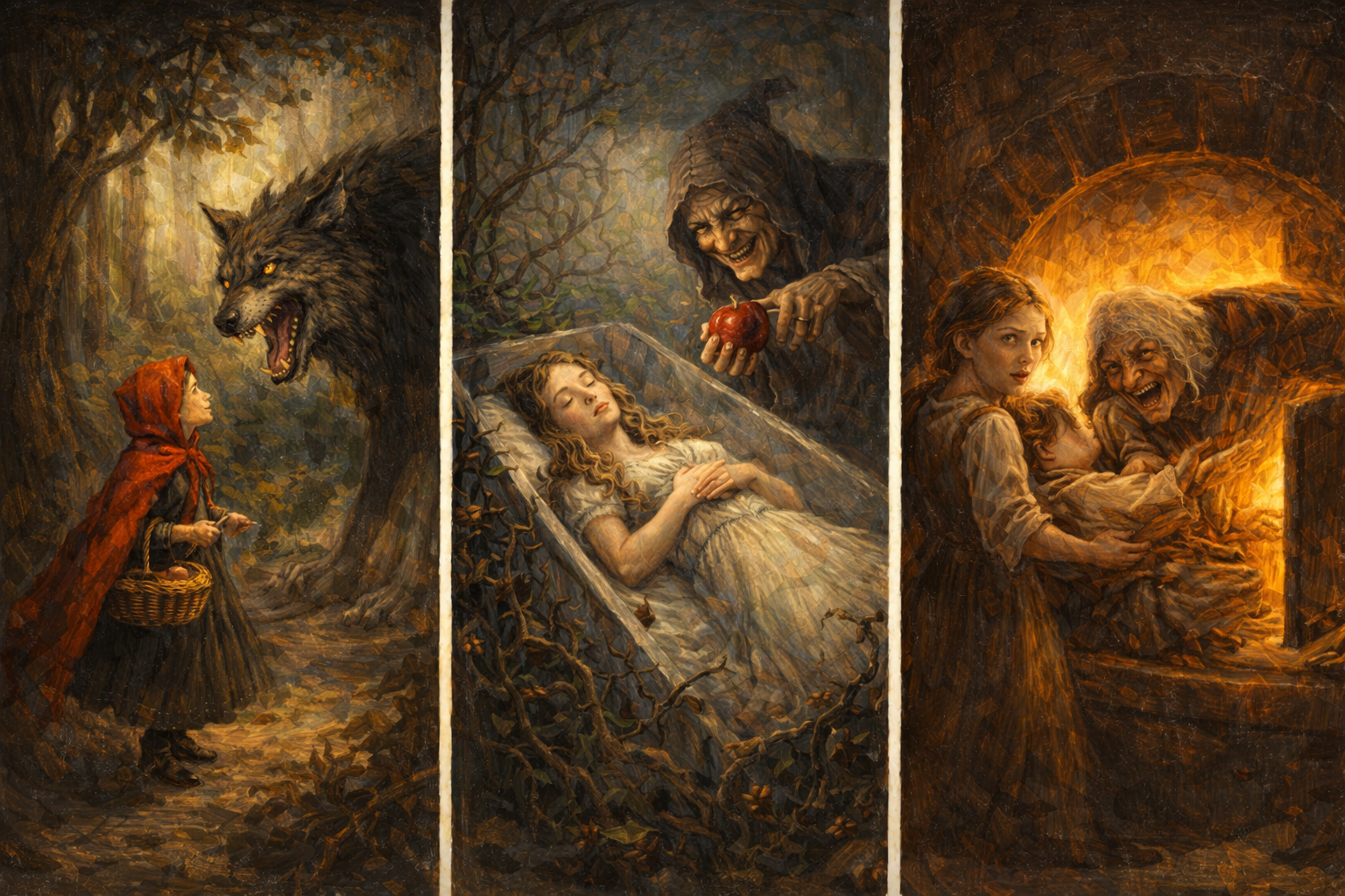 oil painting triptych depicting dark fairy tales: Little Red Riding Hood confronting the wolf, Sleeping Beauty in a glass coffin with a looming witch, and Hansel and Gretel facing a fiery witch, symbolizing the psychological depth of brutal fairy tales.