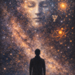 Vertical cosmic illustration of a human figure gazing into a star-filled universe where a face emerges from galaxies, symbolizing theories of a conscious or participatory universe.