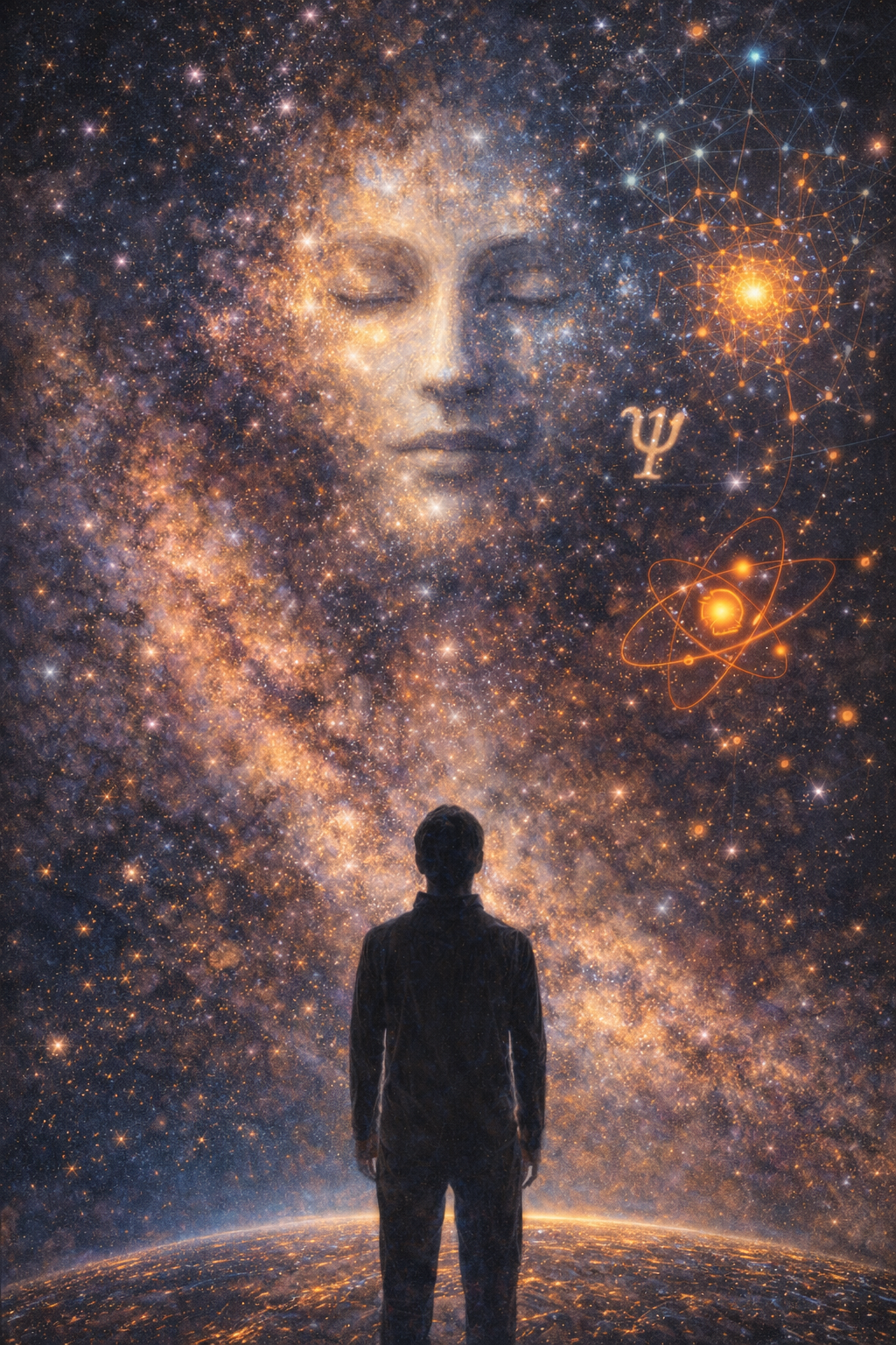 Vertical cosmic illustration of a human figure gazing into a star-filled universe where a face emerges from galaxies, symbolizing theories of a conscious or participatory universe.