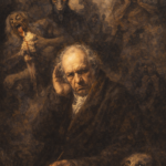 Oil painting of Francisco Goya in old age, holding a paintbrush, surrounded by shadowy figures from his Black Paintings including Saturn, a goat-headed figure, screaming faces, and a small dog emerging from darkness.