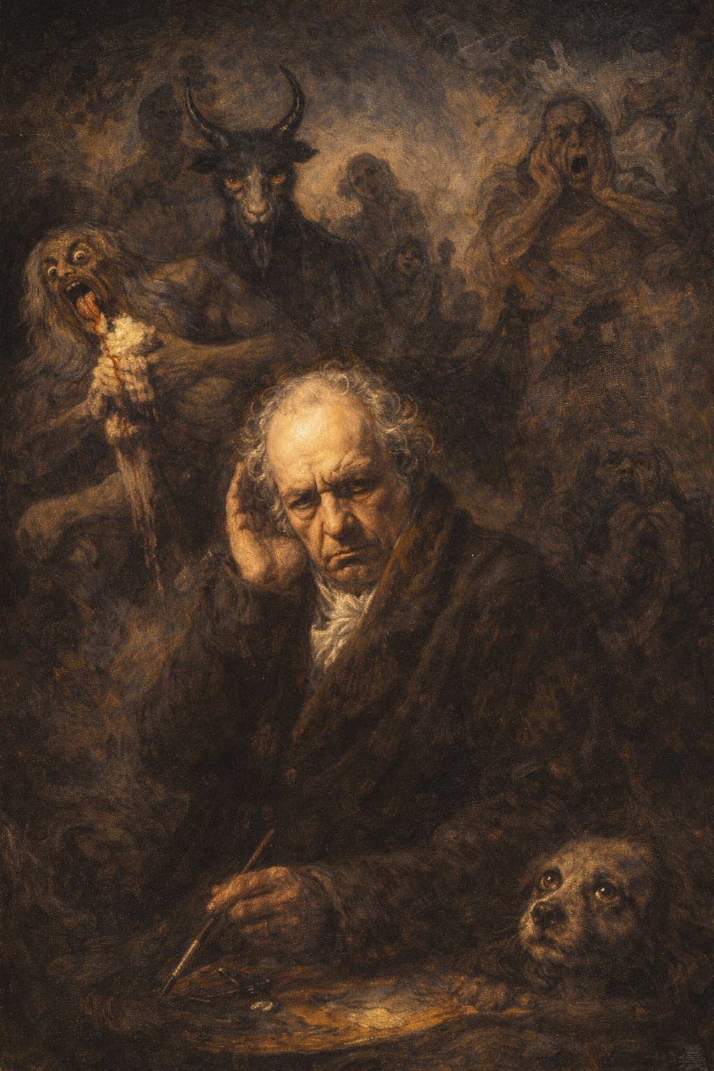 Oil painting of Francisco Goya in old age, holding a paintbrush, surrounded by shadowy figures from his Black Paintings including Saturn, a goat-headed figure, screaming faces, and a small dog emerging from darkness.