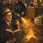 Renaissance-style oil painting of James Joyce reading Ulysses while police burn seized books during an obscenity trial.