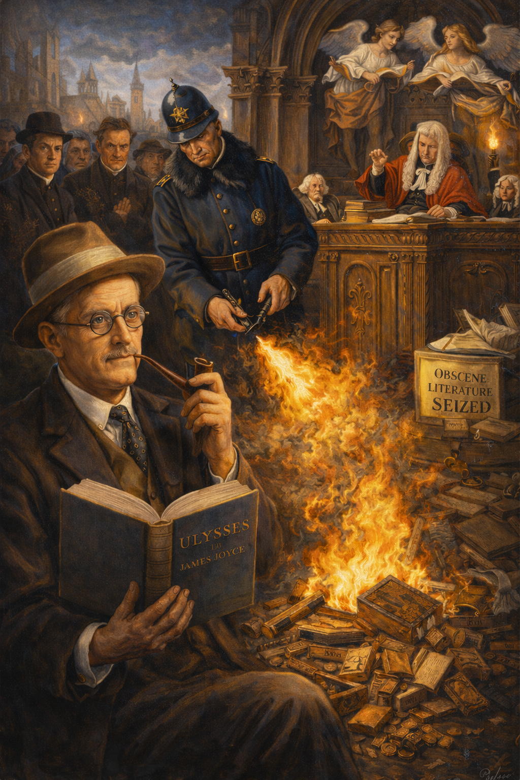 Renaissance-style oil painting of James Joyce reading Ulysses while police burn seized books during an obscenity trial.