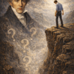 Romantic-style oil painting showing Søren Kierkegaard emerging from swirling mist beside a lone figure standing at the edge of a cliff, symbolizing existential anxiety and the dizziness of freedom.