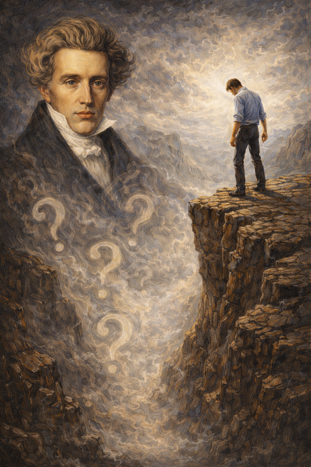 Romantic-style oil painting showing Søren Kierkegaard emerging from swirling mist beside a lone figure standing at the edge of a cliff, symbolizing existential anxiety and the dizziness of freedom.