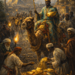 Classical oil painting of Mansa Musa on a camel entering Cairo, surrounded by attendants and gold, with pyramids in the background.