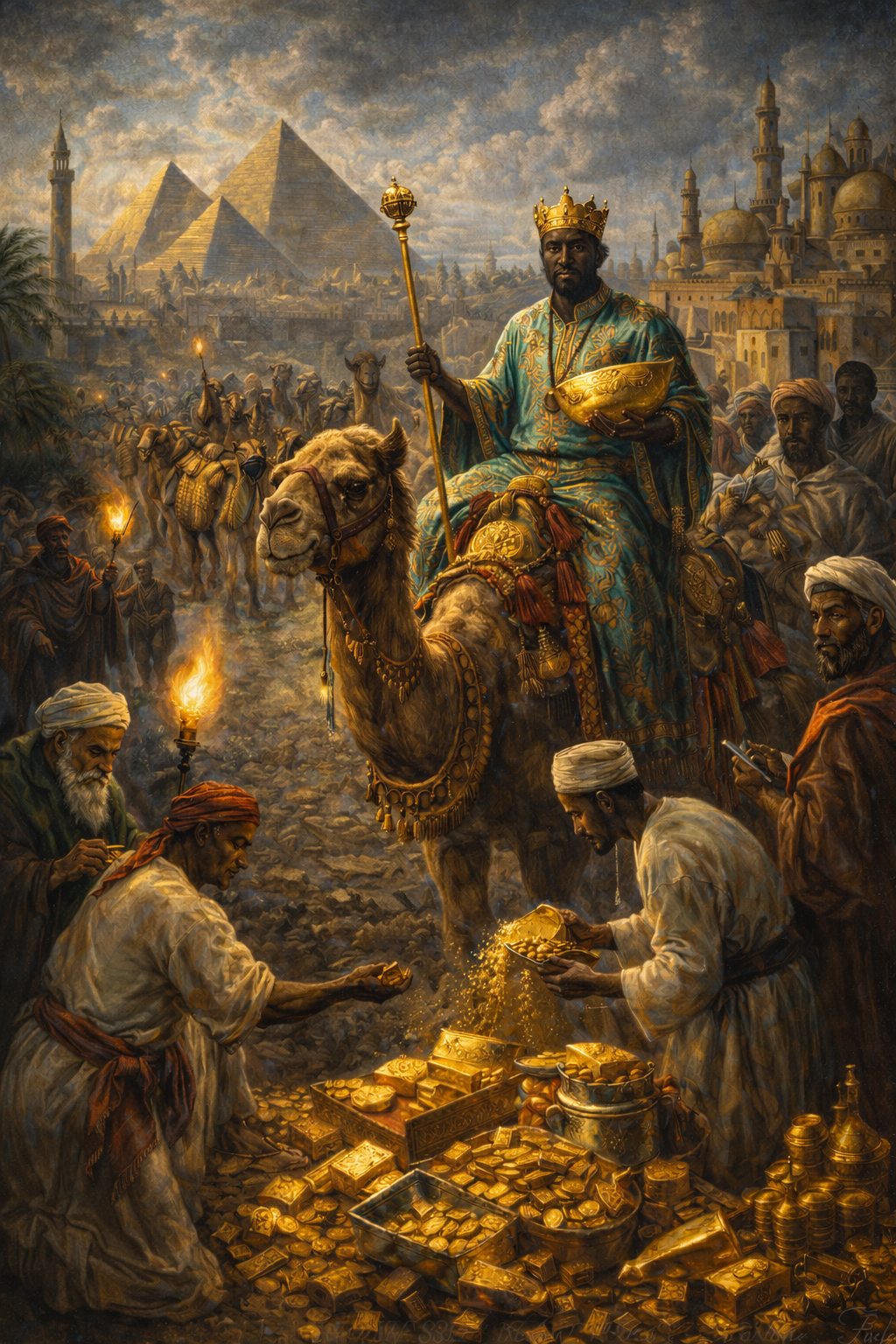 Classical oil painting of Mansa Musa on a camel entering Cairo, surrounded by attendants and gold, with pyramids in the background.