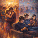 Vertical classical oil painting showing a vibrant school dance with teens under a disco ball on the left, contrasted with three modern friends wearing headphones and scrolling on phones on the right, highlighting the decline of shared music experiences.