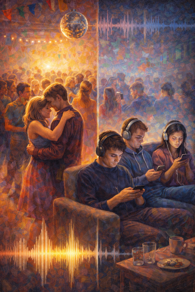 Vertical classical oil painting showing a vibrant school dance with teens under a disco ball on the left, contrasted with three modern friends wearing headphones and scrolling on phones on the right, highlighting the decline of shared music experiences.