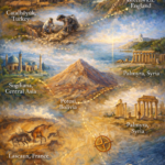 Classical oil painting depicting obscure yet influential locations that quietly shaped world history, shown as interconnected landscapes across continents.