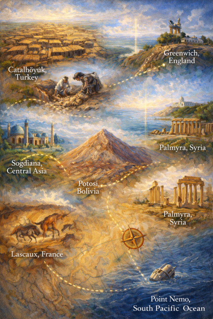 Classical oil painting depicting obscure yet influential locations that quietly shaped world history, shown as interconnected landscapes across continents.