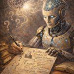 Classical oil painting depicting a humanoid machine writing invented knowledge, symbolizing why AI models hallucinate by generating plausible but unverified information