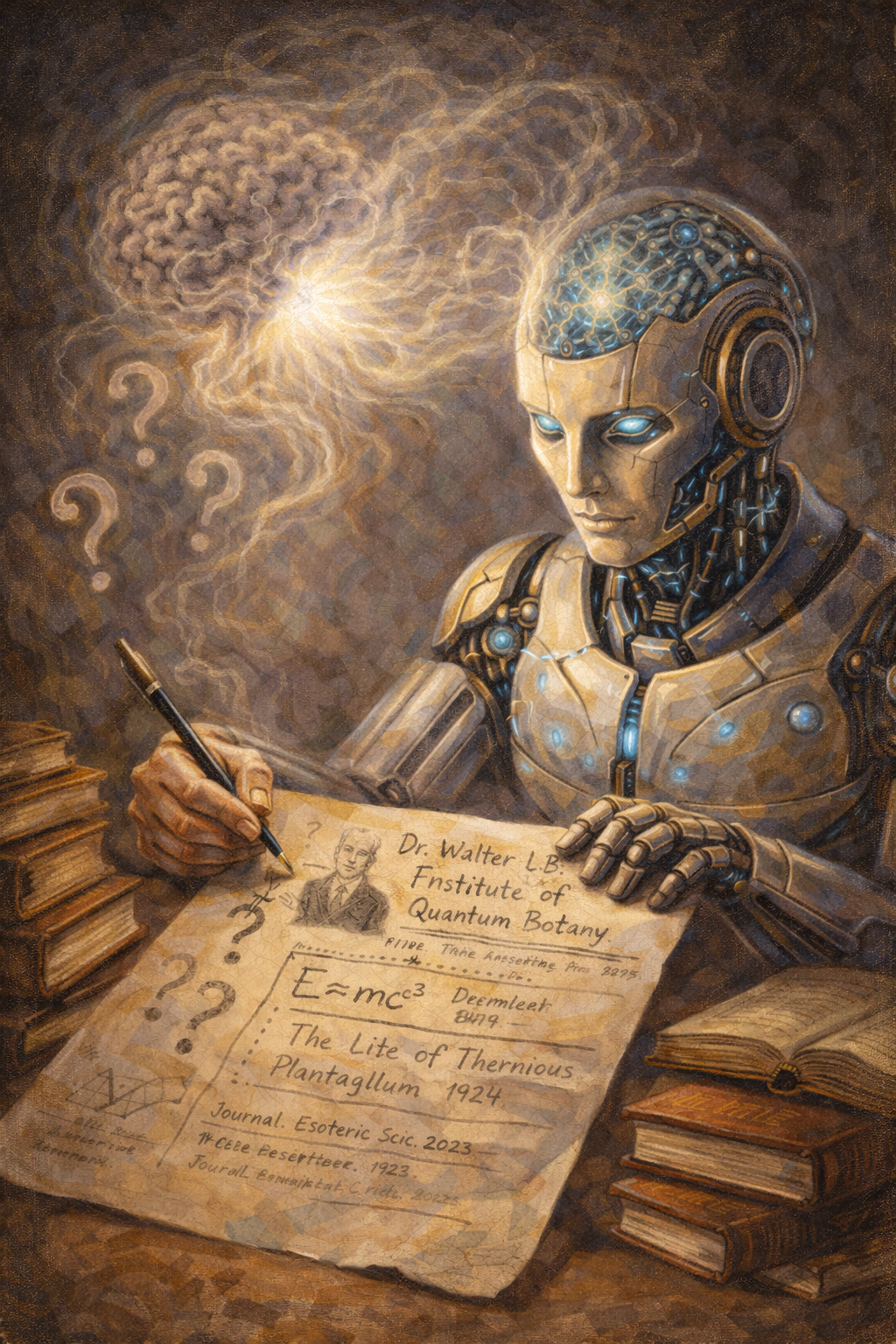 Classical oil painting depicting a humanoid machine writing invented knowledge, symbolizing why AI models hallucinate by generating plausible but unverified information