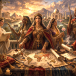 Renaissance oil painting of women rulers from different empires gathered around maps and imperial symbols, representing forgotten empresses.