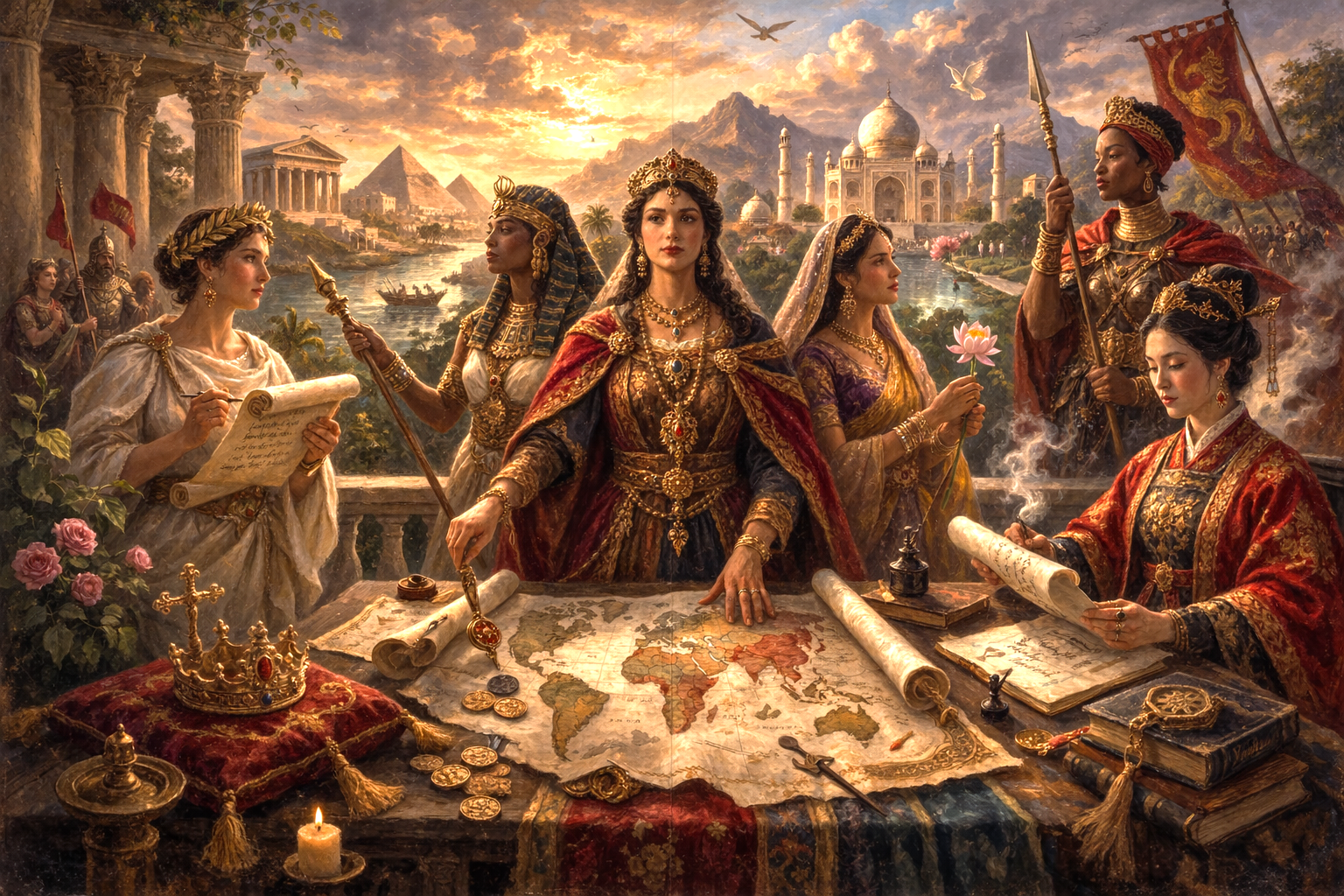 Renaissance oil painting of women rulers from different empires gathered around maps and imperial symbols, representing forgotten empresses.
