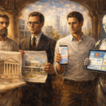 Renaissance-style oil painting of historical figures examining architectural drawings, symbolizing the evolution of clean design trends across eras.