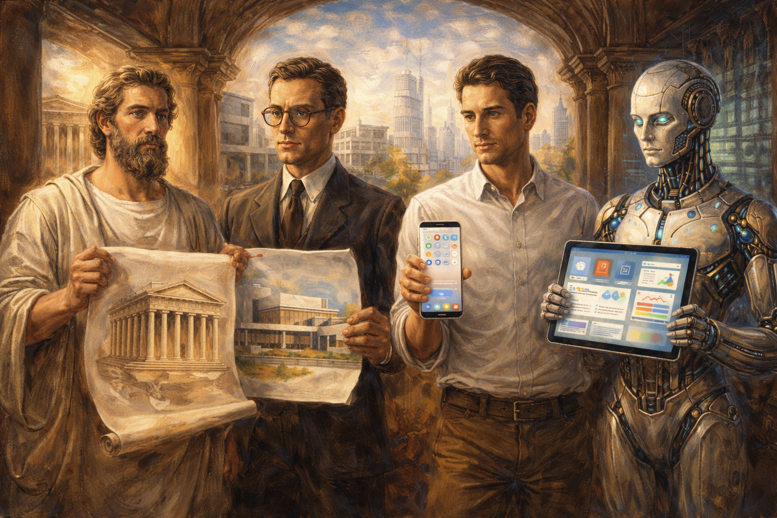 Renaissance-style oil painting of historical figures examining architectural drawings, symbolizing the evolution of clean design trends across eras.